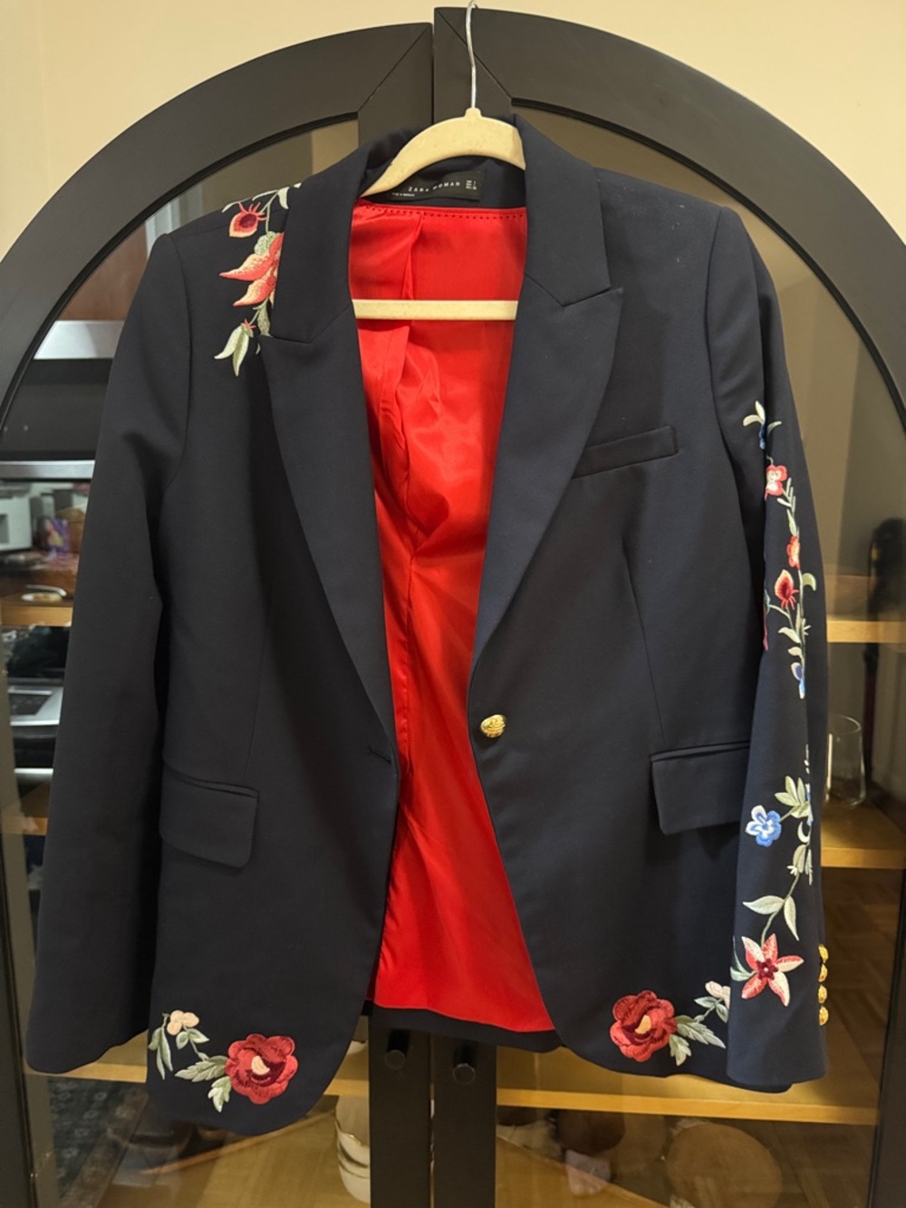 Zara Navy Blazer with Red Lining and Floral Embroidery